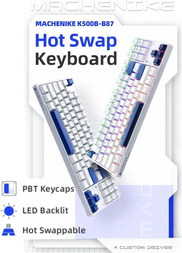 Alt view image 2 of 5 - Machenike K500B 75% Mechanical Keyboard, 87 Keys TKL Compact Gaming Wired Keyboard, Hot Swappable Clicky Blue Switch, Dynamic RGB Backlit, PBT Keycaps, White/Blue
