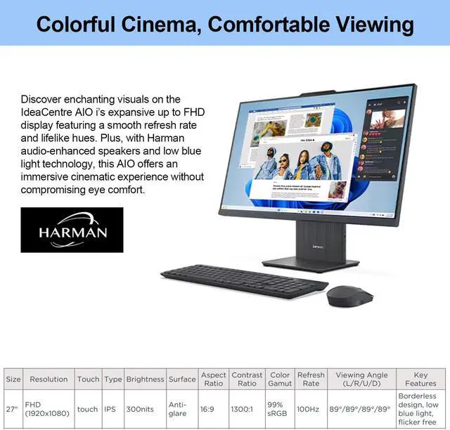 Alt view image 3 of 7 - Lenovo IdeaCentre I Business All-in-One, 27" FHD Touchscreen 100Hz, Intel Core i5-13420H, 16GB DDR5 RAM, 512GB SSD, HDMI, Webcam, Wireless Keyboard & Mouse, Wi-Fi 6, Windows 11 Pro, Grey