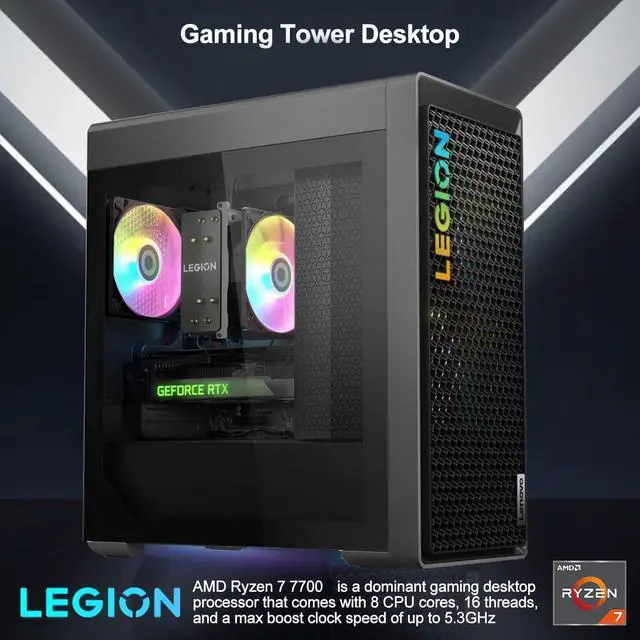 Alt view image 2 of 6 - Lenovo Legion T5 Premium Gaming Desktop, AMD Ryzen 7 7700, NVIDIA GeForce RTX 4070 Super, 64GB DDR5 RAM, 2TB SSD, DP Port, HDMI, Wired KB & Mouse, RJ45, Wi-Fi 6, Windows 11 Pro, Grey