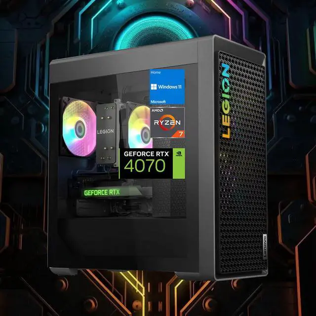 Main image of Lenovo Legion T5 Gaming Desktop, AMD Ryzen 7 7700, NVIDIA GeForce RTX 4070 Super, 64GB DDR5 RAM, 1TB SSD, Wired KB & Mouse, DP Port, HDMI, RJ45, Wi-Fi 6, Windows 11 Home