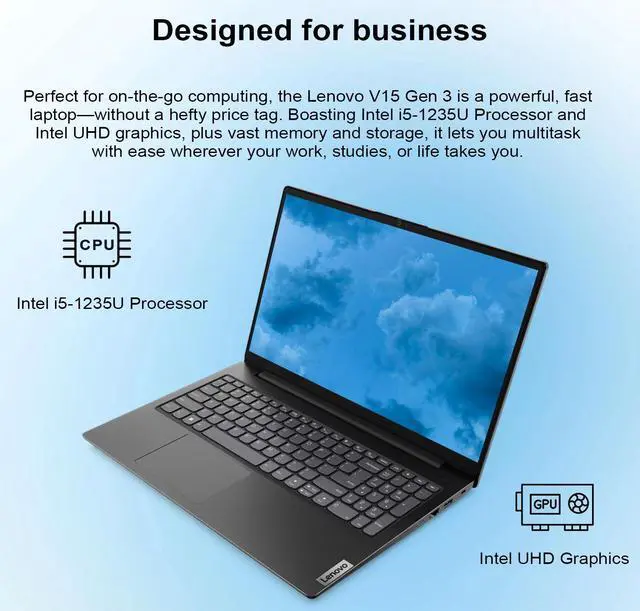 Alt view image 2 of 6 - Lenovo V15 Gen 3 Business Laptop, 15.6" FHD Display, Intel Core i5-1235U, 8GB RAM, 512GB SSD, Webcam, HDMI, RJ-45, Wi-Fi, Windows 11 Home, Black