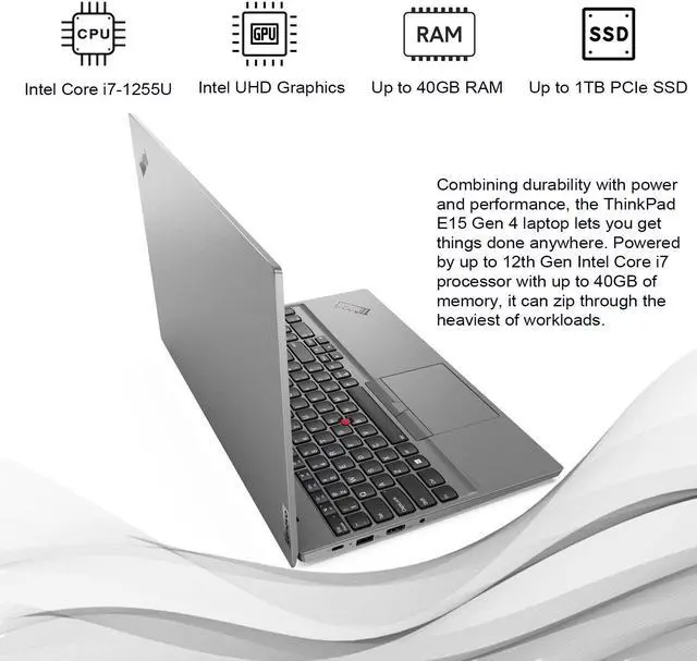 Alt view image 3 of 6 - Lenovo ThinkPad E15 Gen 4 Business Laptop, 15.6" FHD Touchscreen, i7-1255U, 40GB RAM, 1TB SSD, Wi-Fi 6, HDMI, Thunderbolt 4, Webcam, 1 Yr Warranty, Windows 11 Pro, Grey