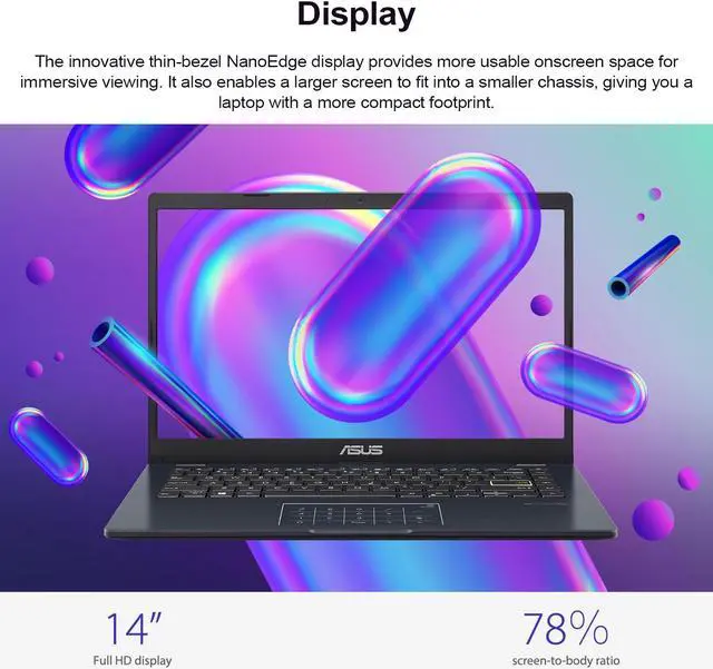 Alt view image 2 of 5 - ASUS E410 Laptop, 14" FHD 1920x1080 Non-touch 60Hz, Intel Celeron N4500, Intel UHD Graphics, 4GB RAM, 64GB Storage, Wi-Fi, Windows 11 Home, Blue
