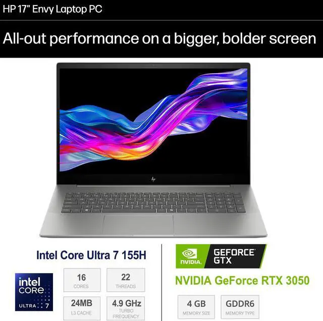 Main image of HP Envy Laptop PC, 17.3" FHD 1920*1080 Touchscreen, Intel Core Ultra 7 155H, NVIDIA GeForce RTX 3050, 16GB DDR5 RAM, 2TB SSD, IR camera, HDMI, Thunderbolt 4, Wi-Fi 7, Windows 11 Home, Grey