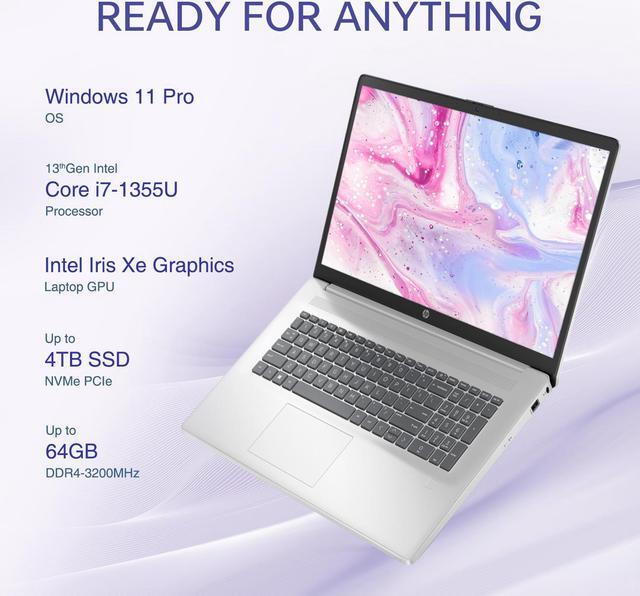 Main image of HP 17t Business-Class Mobility Laptop, 17.3" FHD, Intel Core i7-1355U, 32GB RAM, 2TB SSD, Fingerprint Reader, HDMI, SuperSpeed USB, Wi-Fi 6, Backlit Keyboard, Windows 11 Pro, Silver