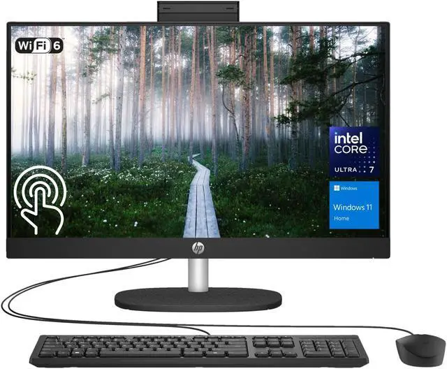 Main image of HP 24" Ultra 7 AI All-in-One Desktop, 23.8" FHD Touchscreen, Intel Core Ultra 7 155U (Beats i7-1355U), 32GB DDR5 RAM, 2TB SSD, Wired KB & Mouse, IR Camera, RJ-45, Wi-Fi 6, Windows 11 Home, Black