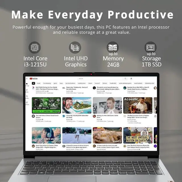 Alt view image 2 of 7 - Lenovo IdeaPad 1 Laptop, 15.6" FHD Touchscreen, Intel Core i3-1215U Processor, 12GB RAM, 512GB PCIe SSD, SD Card Reader, HDMI, Webcam, Wi-Fi 6, Windows 11 Home, Grey