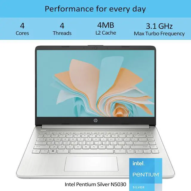 Alt view image 2 of 7 - HP Portable Laptop, 14" HD Display, Intel Pentium Silver N5030 Processor, 4GB RAM, 128GB SSD, Webcam, HDMI, SD Card Reader, Wi-Fi, Windows 11 Home, Silver, 1Year Microsoft 365