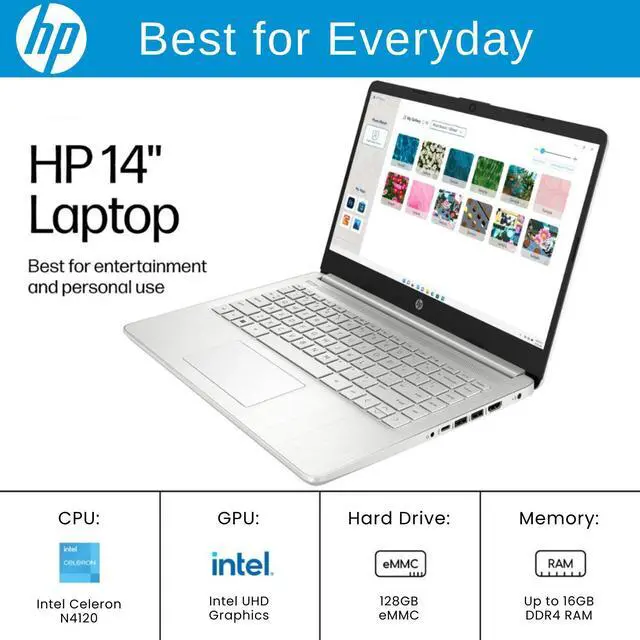 Alt view image 2 of 5 - HP Laptop, 14" HD Display, Intel Quad-Core Processor, 4GB RAM, 128GB Storage, SD Card Reader, 1 Year Microsoft 365, Webcam, Wi-Fi, Windows 11 Home, Silver