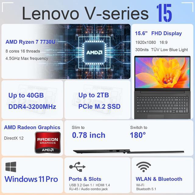 Alt view image 2 of 6 - Lenovo V-Series V15 Business Laptop, 15.6" FHD Display, AMD Ryzen 7 7730U, 16GB RAM, 1TB SSD, Numeric Keypad, HDMI, RJ45, Webcam, Wi-Fi, Windows 11 Pro, Black