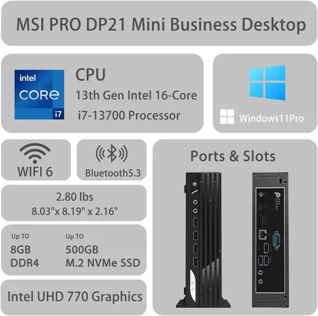 Alt view image 2 of 6 - MSI PRO DP21 Mini Business Desktop, 13th Gen Intel 16-Core i7-13700 Processor, 64GB RAM, 2TB SSD, HDMI, DP, Type-C, Support 2-Monitor 4K, Wired Keyboard & Mouse, Wi-Fi 6, Windows 11 Pro, Black