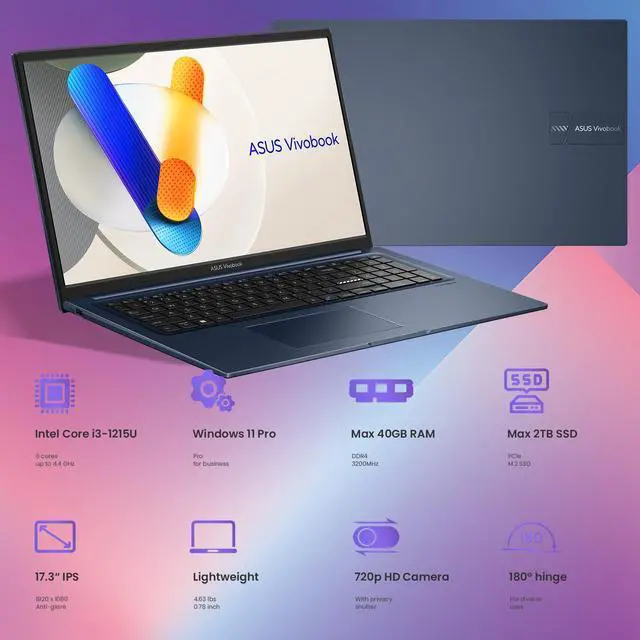 Alt view image 2 of 6 - ASUS Vivobook 17.3 FHD IPS Laptop, Intel Core i3-1215U, 16GB RAM, 512GB PCIe SSD, Wi-Fi 6, Type-C, HDMI, Webcam, Bluetooth, Windows 11 Pro, Blue