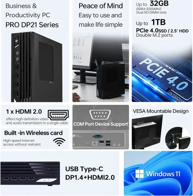 Alt view image 2 of 6 - MSI PRO DP21 Tiny Business Desktop, Intel Core i3-13100 Processor, 32GB RAM, 1TB SSD, USB A&C, HDMI, DP, Support 2-Monitor 4K, RJ-45, Wi-Fi, Wired Keyboard & Mouse, Windows 11 Pro, Black
