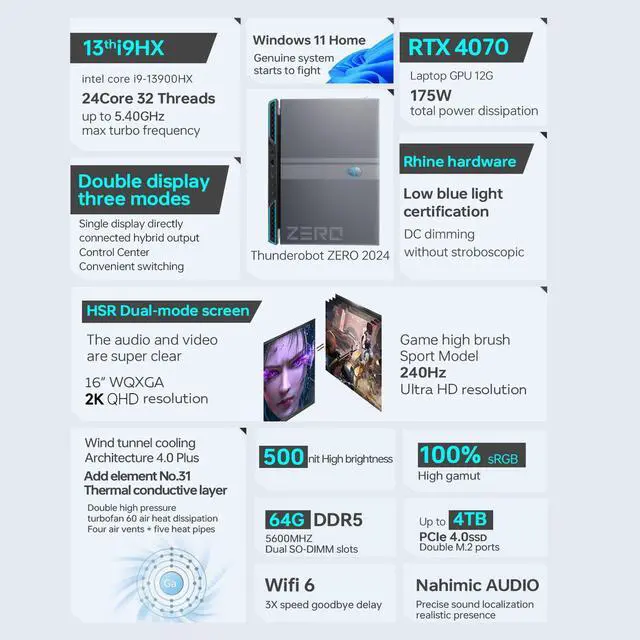 Alt view image 5 of 6 - ThundeRobot ZERO 16 i9 RTX 4070 Gaming Laptop, 16" WQXGA 240Hz Dislpay, Intel Core i9-13900HX, NVIDIA GeForce RTX 4070, 32GB DDR5 RAM, 2TB SSD, Backlit KB, HDMI, RJ-45, Wi-Fi 6, Win 11 Home