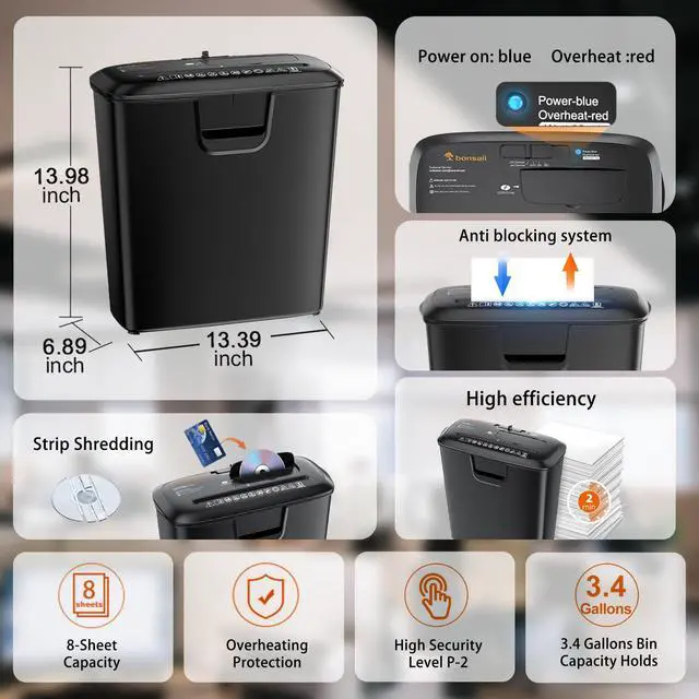 Alt view image 2 of 6 - Bonsaii Paper Shredder for Home Use, 8-Sheet StripCut Home Office Shredder, CD/Credit Card Shredder Machine with Overheat Protection, 3.4 Gallons Wastebasket