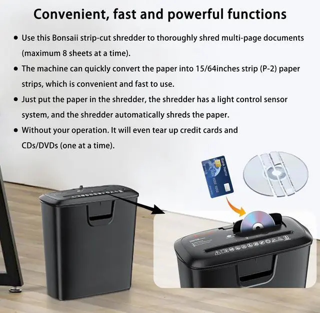 Alt view image 6 of 6 - Bonsaii Paper Shredder for Home Use, 8-Sheet StripCut Home Office Shredder, CD/Credit Card Shredder Machine with Overheat Protection, 3.4 Gallons Wastebasket