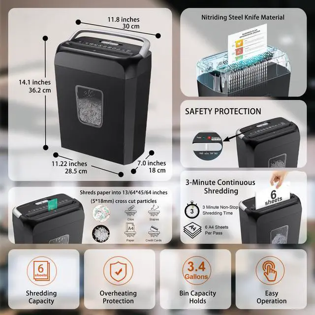 Alt view image 2 of 6 - Bonsaii Paper Shredder for Home Use,6-Sheet Crosscut Paper and Credit Card Shredder for Home Office with Handle for Document,Mail,Staple,Clip-3.4 Gal Wastebasket(C237-B)