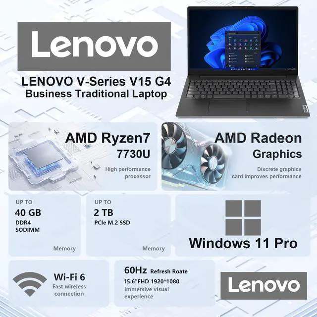 Alt view image 2 of 6 - Lenovo V15 Business Laptop, 15.6" FHD, AMD Ryzen 7 7730U, 16GB RAM, 1TB SSD, Wi-Fi 6, HDMI, Type-C, Webcam, Windows 11 Pro, Black