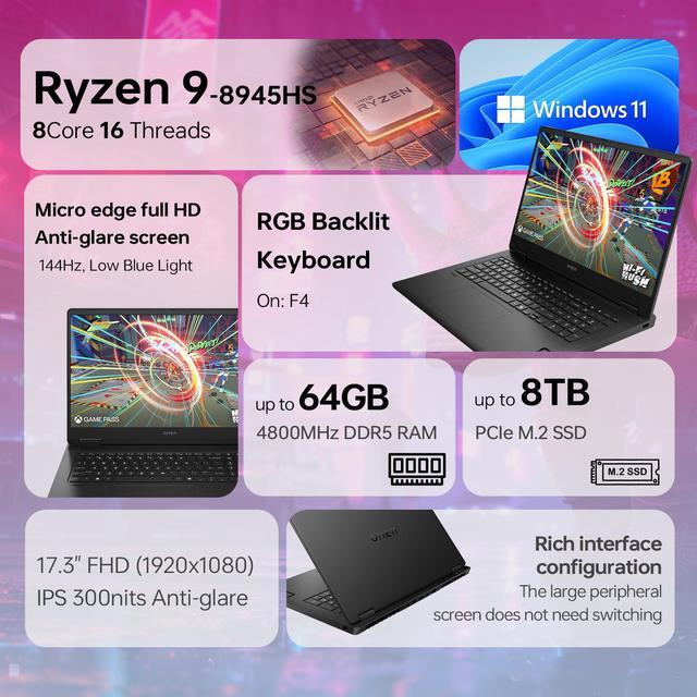 Alt view image 2 of 6 - HP Omen Gaming Laptop, 17.3" FHD 1920*1080 144Hz, AMD Ryzen 9 8945HS, NVIDIA GeForce RTX 4060, 64GB DDR5 RAM, 4TB + 4TB SSD,  RGB Backlit Keyboard, Webcam, Wi-Fi 6, Windows 11 Home, Black