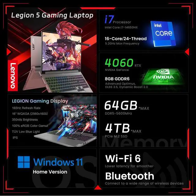 Alt view image 2 of 6 - Lenovo Legion 5 Gaming Laptop, 16" WQXGA 2560x1600 165Hz, Intel i7-14650HX, NVIDIA GeForce RTX 4060, 32GB DDR5 RAM, 1TB SSD, AI-Power, Windows 11 Home, Luna Grey