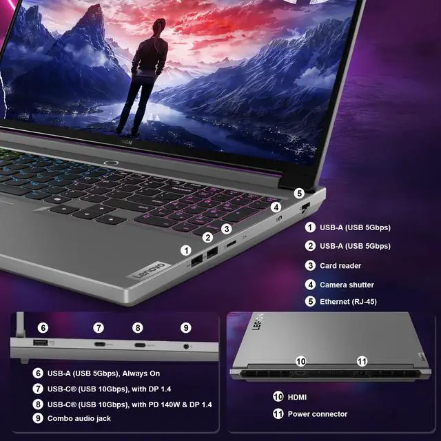 Alt view image 4 of 6 - Lenovo Legion 5 Gaming Laptop, 16" WQXGA 2560x1600 165Hz, Intel i7-14650HX, NVIDIA GeForce RTX 4060, 32GB DDR5 RAM, 1TB SSD, AI-Power, Windows 11 Home, Luna Grey