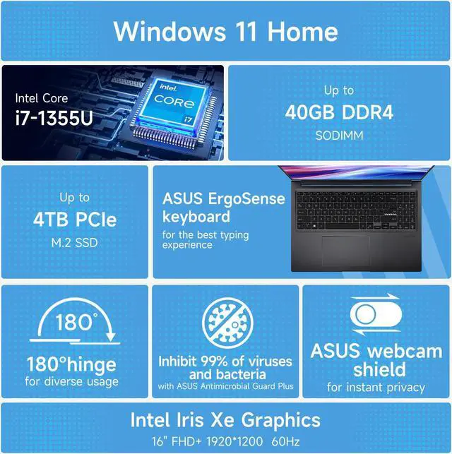 Alt view image 5 of 7 - ASUS Vivobook 16 F1605 Laptop, 16" WUXGA Display, Intel Core i7-1355U, 40GB RAM, 1TB SSD, Numeric Keypad, Wi-Fi, Windows 11 Home, Black