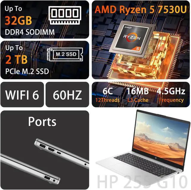Alt view image 2 of 6 - HP 255 G10 Business Laptop, 15.6" FHD Display, AMD Ryzen 5 7530U, 32GB RAM, 1TB SSD, Numeric Keypad, Webcam, HDMI, Wi-Fi 6, Windows 11 Pro, Grey
