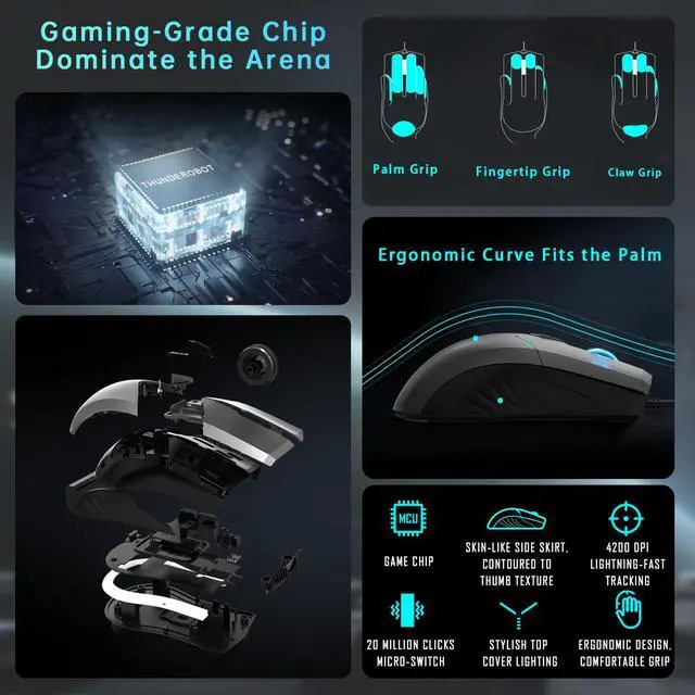Alt view image 2 of 6 - Thunderobot MG701 Wired Gaming Mouse, Ultimate Gaming-Grade Chip, 4200 DPI Optical Sensor, High Rolling Rate, Ergonomic Design with Anti-Slip Side Grips, Black