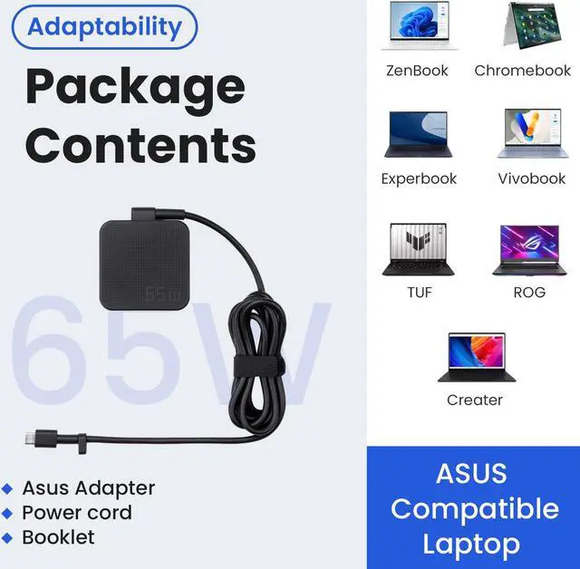 Alt view image 6 of 6 - ASUS 65W USB-C Power Adapter, Compatible with ZenBook, VivoBook, ROG, TUF, Creator Series, Chromebook, and ExpertBook Laptops. AC Charger with Supply Cord for Reliable Charging