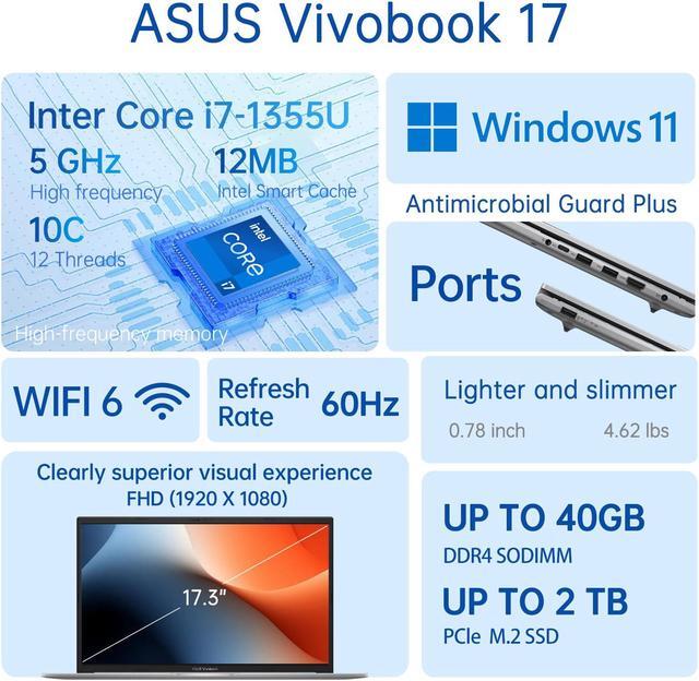 Alt view image 2 of 7 - ASUS Vivbook F1704 AI Premium Laptop, 17.3" FHD Display, Intel Core i7-1355U, 24GB RAM, 1TB SSD, Backlit Numeric KB, Privacy Camera, Windows 11 Home, Silver