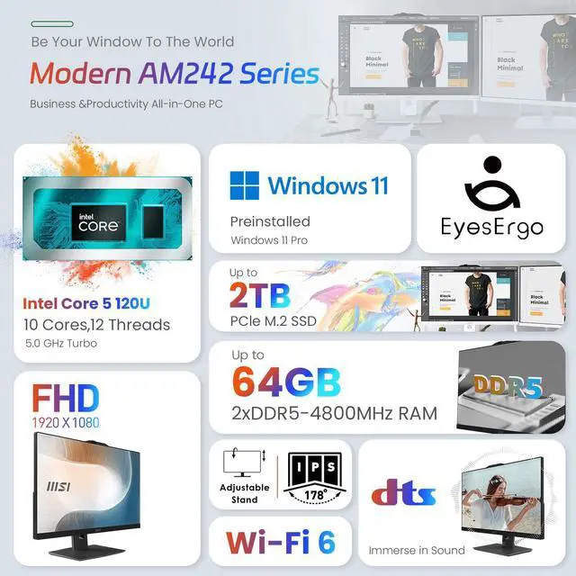 Alt view image 2 of 6 - MSI Pro Modern 23.8" FHD AIO Desktop, Touchscreen Display, 10 Cores Intel Core 5 120U, 32GB DDR5 RAM, 1TB SSD, Adjustable Height & Angle, IR Webcam, MSI AI Engine, Wi-Fi 6, Windows 11 Pro, Black