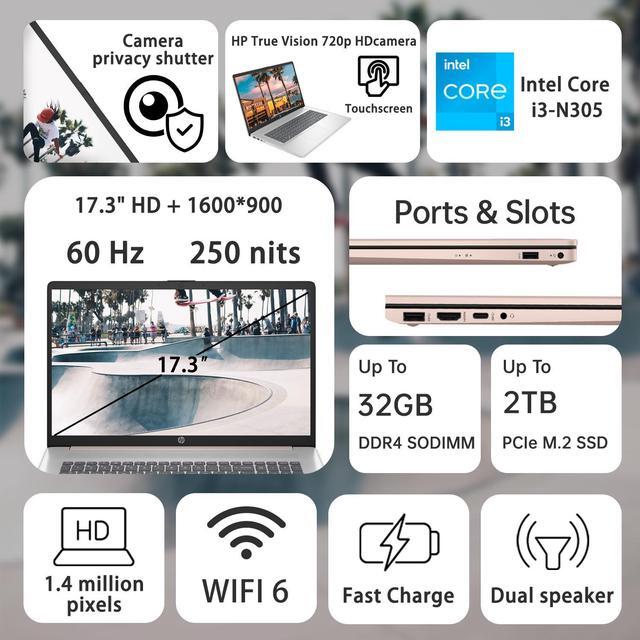 Alt view image 2 of 7 - HP Essential 17t Daily Laptop, 17.3-inch Touchscreen, 8 core Intel Processor, 32GB RAM, 1TB SSD, Fingerprint Reader, Wi-Fi 6, Windows 11 Home, Rose