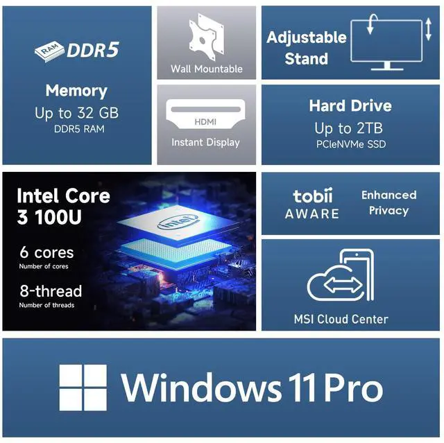 Alt view image 2 of 6 - MSI Modern AIO Desktop, 23.8" FHD Touchscreen, 6 Cores Intel Core 3 100U, 32GB DDR5 RAM, 2TB SSD, Adjustable Height & Angle, IR Webcam, AI Engine, Wireless KB & Mouse, Wi-Fi 6, Windows 11 Pro, Black