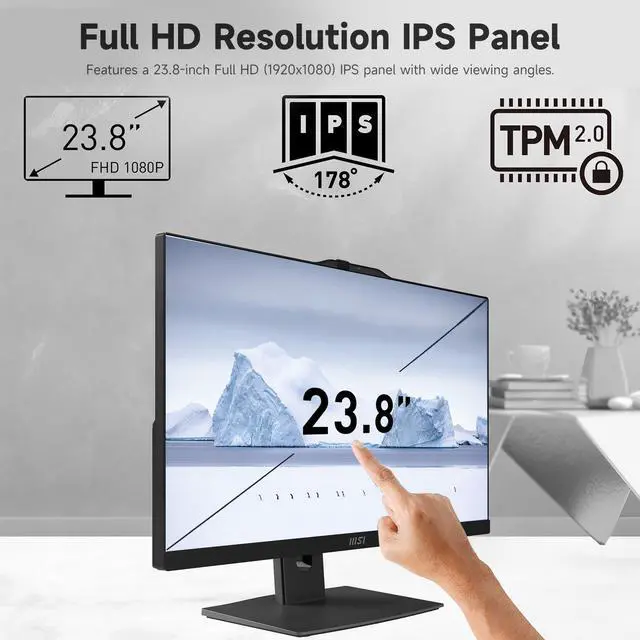 Alt view image 3 of 6 - MSI Modern AIO Desktop, 23.8" FHD Touchscreen, 6 Cores Intel Core 3 100U, 32GB DDR5 RAM, 2TB SSD, Adjustable Height & Angle, IR Webcam, AI Engine, Wireless KB & Mouse, Wi-Fi 6, Windows 11 Pro, Black