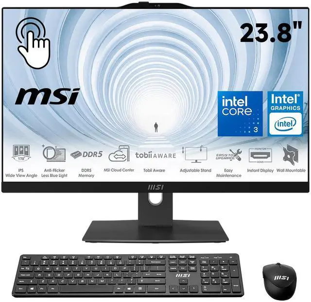 Main image of MSI Modern AIO Desktop, 23.8" FHD Touchscreen, 6 Cores Intel Core 3 100U, 32GB DDR5 RAM, 2TB SSD, Adjustable Height & Angle, IR Webcam, AI Engine, Wireless KB & Mouse, Wi-Fi 6, Windows 11 Pro, Black