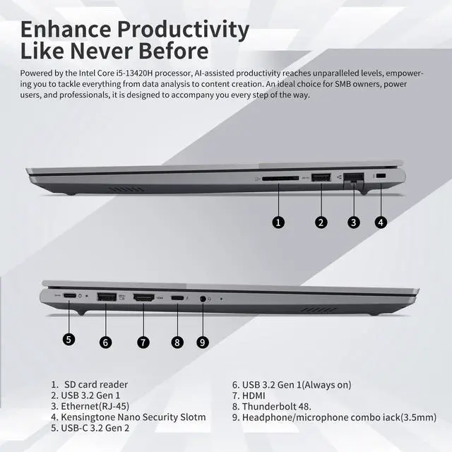 Alt view image 5 of 7 - Lenovo ThinkBook 16 Business Laptop, 16" FHD+ Display, Intel Core i5-13420H, 32GB DDR5 RAM, 1TB SSD, HDMI, SD Card Reader, HD 720p with Privacy Shutter, Wi-Fi 6, Windows 11 Pro, Grey
