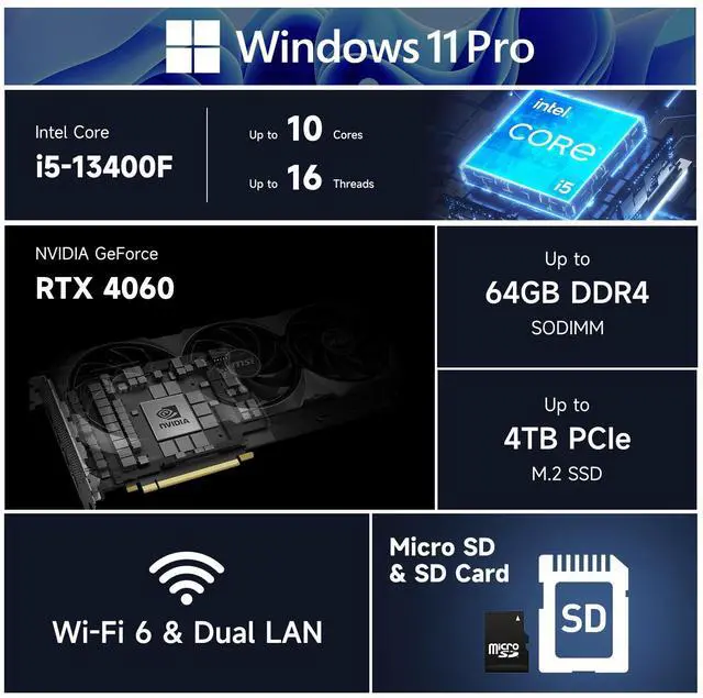 Alt view image 2 of 7 - MSI PRO DP180 Business Tower Desktop, Intel Core i5-13400F, NVIDIA GeForce RTX 4060, 64GB RAM, 2TB SSD, Support 4K up to 4-Display, DVD, SD Card Reader, DP, HDMI, Wi-Fi 6, Windows 11 Pro, Black