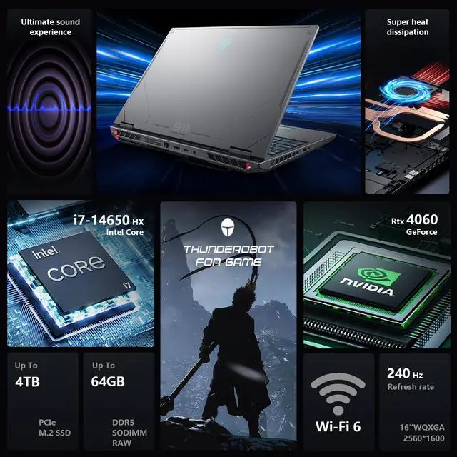 Alt view image 2 of 6 - Thunderobot Radiant 16 Gaming Laptop, 16" WQXGA 240Hz,Intel i7-14650HX, GeForce 4060, 32GB RAM, 1TB SSD, Windows 11 Home, Gray