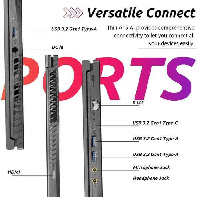 Alt view image 7 of 7 - MSI Ultra Thin A15 B8VF VR-Ready AI Gaming Laptop, 15.6" FHD 144Hz, AI AMD Ryzen 9 8945HS, RTX 4060, 32GB DDR5 RAM, 1TB SSD, Cooler Boost & Quiet Under Load, Wi-Fi 6, RJ-45, Windows 11 Home, Black