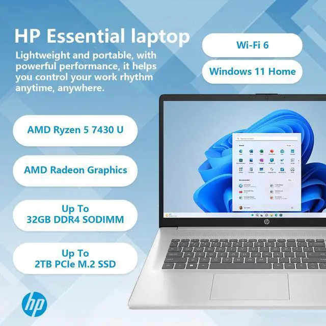 Alt view image 2 of 7 - HP Premium-Performance Daily Use Laptop, 17.3" FHD 1920*1080, AMD Ryzen 5 7430U, 8GB RAM, 512GB SSD, Wi-Fi 6, Webcam, HDMI, Windows 11 Home, Silver
