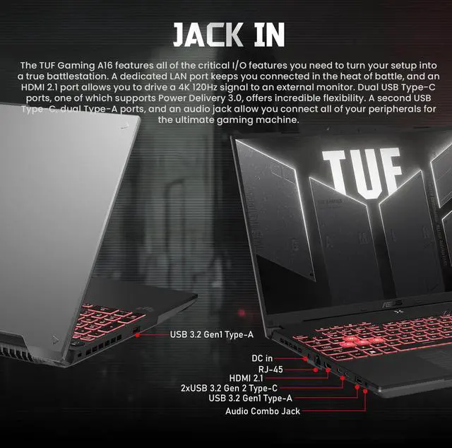 Alt view image 7 of 7 - ASUS TUF A16 FA607PI VR-Ready Gaming Laptop, 16" QHD+ (2560x1600) 165Hz Display, AMD Ryzen 9 7940HX, NVIDIA GeForce RTX 4070, 64GB DDR5 RAM, 1TB SSD, RGB Backlit KB, Wi-Fi 6, Windows 11 Home, Gray