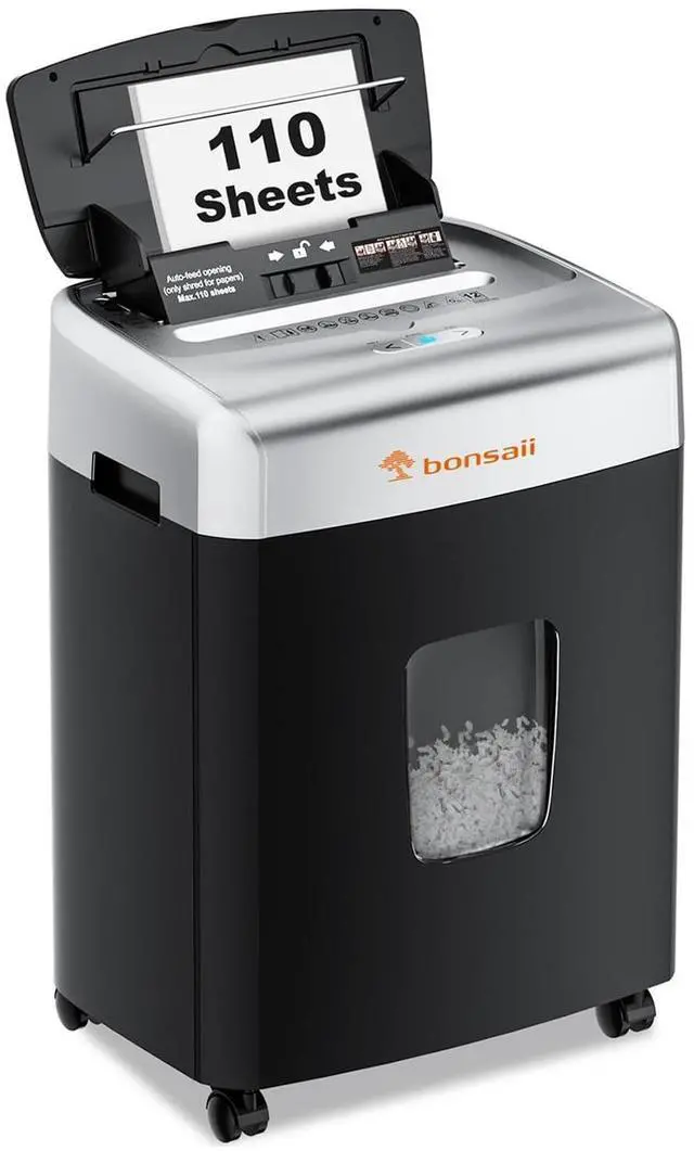 Main image of Bonsaii Heavy-Duty Office Shredder, 110-Sheet Autofeed, 30-Min Continuous, Micro Cut, P-4 Security, 6-Gallon Bin
