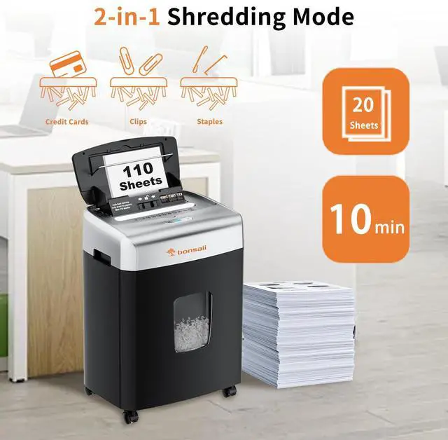 Alt view image 4 of 6 - Bonsaii Heavy-Duty Office Shredder, 110-Sheet Autofeed, 30-Min Continuous, Micro Cut, P-4 Security, 6-Gallon Bin