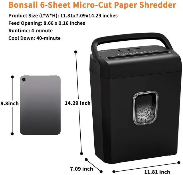 Alt view image 6 of 6 - Bonsaii Micro-Cut Shredder, 6-Sheet Capacity, P-4 Security, Shreds Cards & Staples, 3.4-Gal Clear Bin, Black