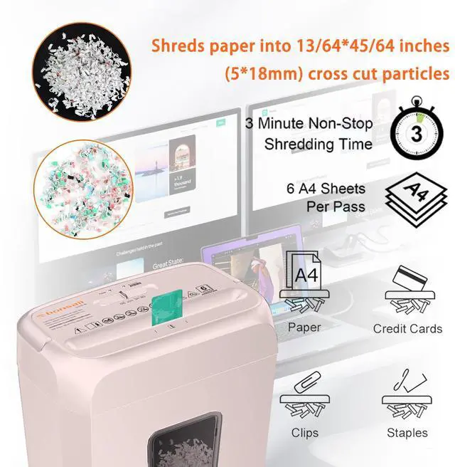 Alt view image 6 of 6 - Bonsaii Confidential Shredder, Ideal for home offices, this high-security device shreds up to 6 sheets at once, handling documents, mail, staples, and credit cards, 3.4-gallon bin, Pink