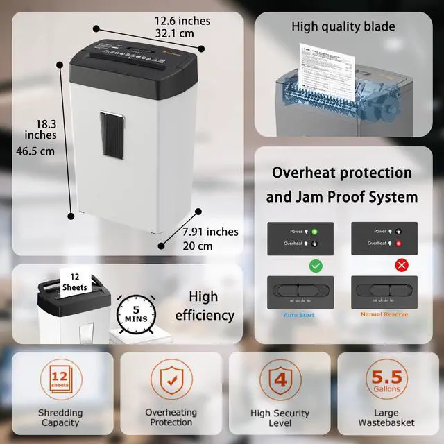 Alt view image 2 of 6 - Bonsaii Heavy-Duty Cross-Cut Shredder, Shreds 12 Sheets, Handles Paper, Credit Cards, Mail, and Staples, 5.5-Gallon Bin, Transparent Window, P-4 Security Level for Home and Office Use, White & Black