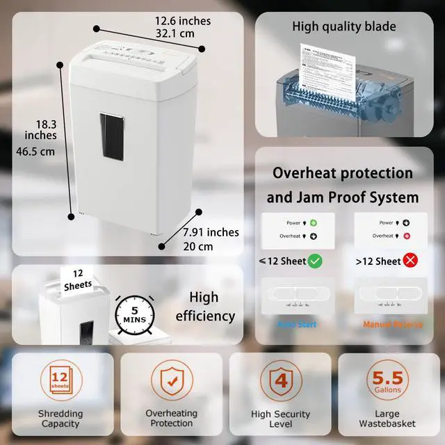 Alt view image 2 of 6 - Bonsaii Heavy-Duty Cross-Cut Shredder, Shreds 12 Sheets, Handles Paper, Credit Cards, Mail, and Staples, 5.5-Gallon Bin, Transparent Window, P-4 Security Level for Home and Office Use, White