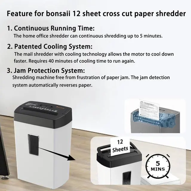 Alt view image 5 of 6 - Bonsaii Heavy-Duty Cross-Cut Shredder, Shreds 12 Sheets, Handles Paper, Credit Cards, Mail, and Staples, 5.5-Gallon Bin, Transparent Window, P-4 Security Level for Home and Office Use, White & Black