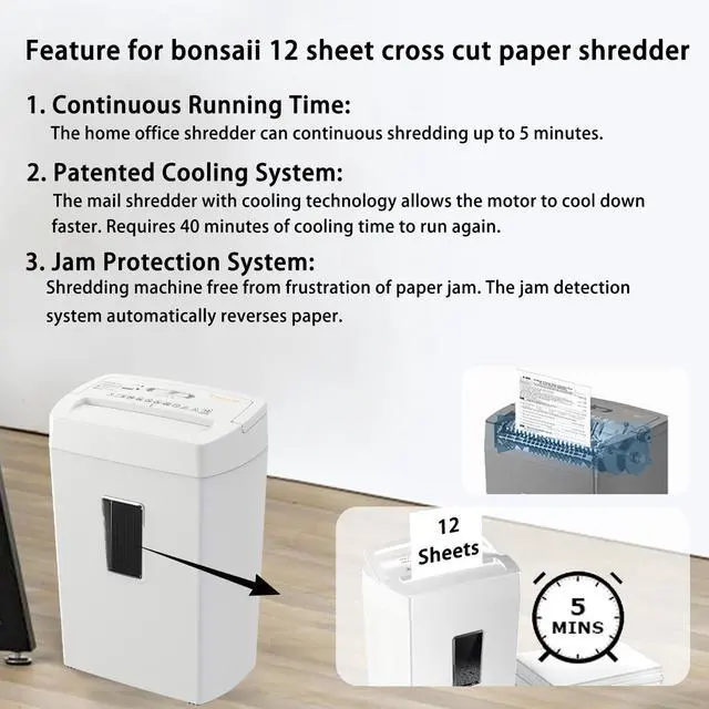 Alt view image 5 of 6 - Bonsaii Heavy-Duty Cross-Cut Shredder, Shreds 12 Sheets, Handles Paper, Credit Cards, Mail, and Staples, 5.5-Gallon Bin, Transparent Window, P-4 Security Level for Home and Office Use, White
