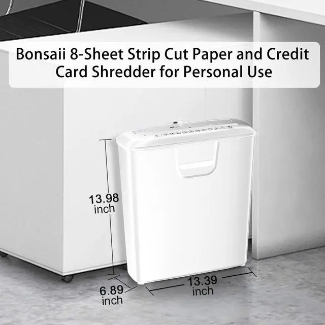 Alt view image 2 of 6 - Bonsaii Home Office Shredder, 8-Sheet Strip-Cut, Shreds CDs/Credit Cards, Features Overheat Protection, 3.4-Gallon Bin, White